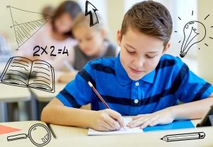 Image of a school boy with Maths equations in his mind