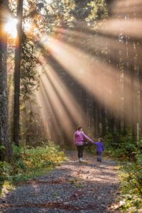 Image of a Mother and her son in forest with bright sun