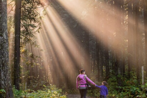 Image of a Mother and her son in forest with bright sun